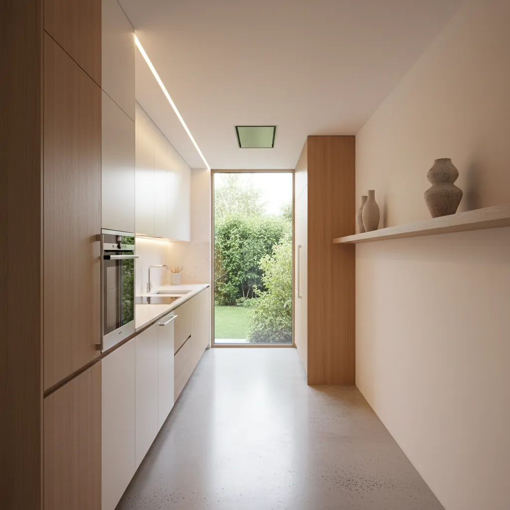 Cocina larga con distribución lineal en un apartamento moderno