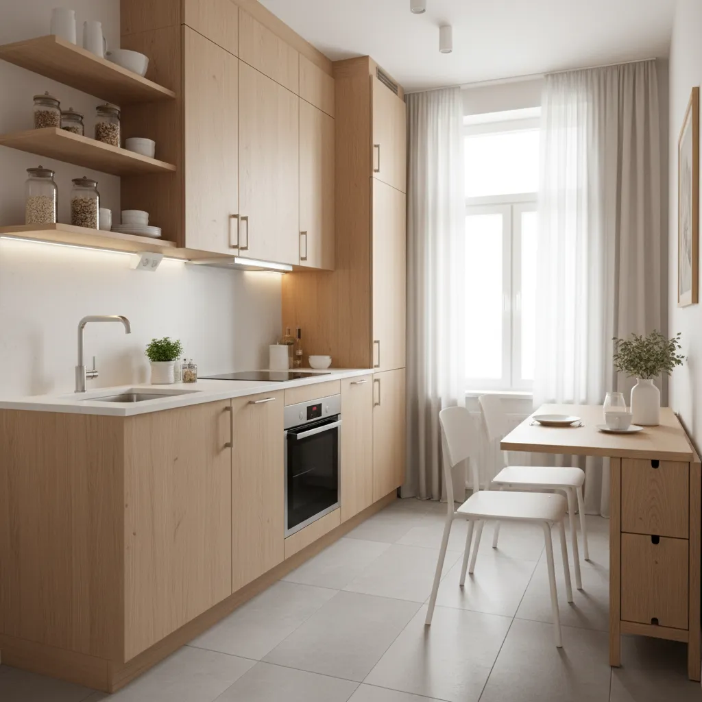 Diseño eficiente de cocina pequeña con almacenamiento optimizado