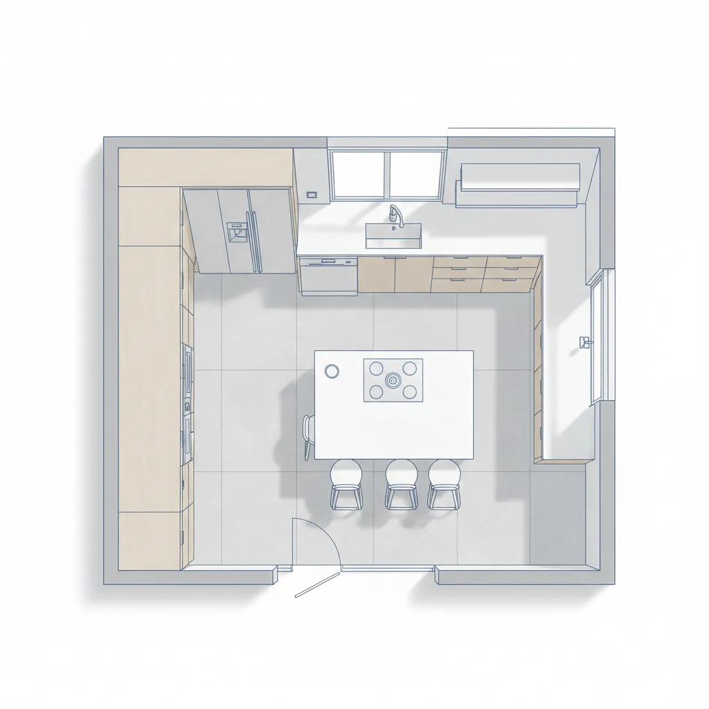 Top view of a modern kitchen room layout with an island and three white stools