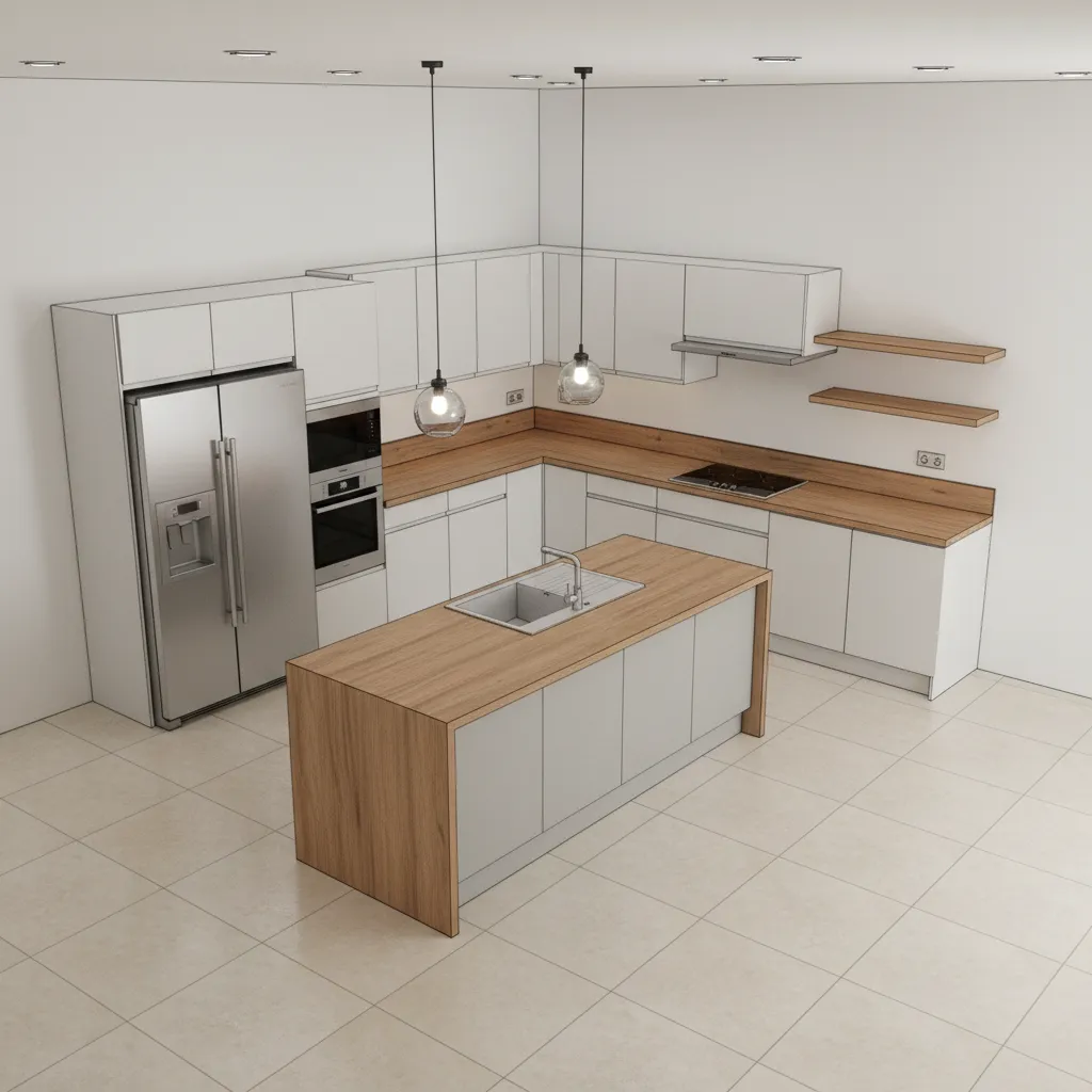 Modern white kitchen interior design drawing with wooden island silver fridge and hanging ceiling lights