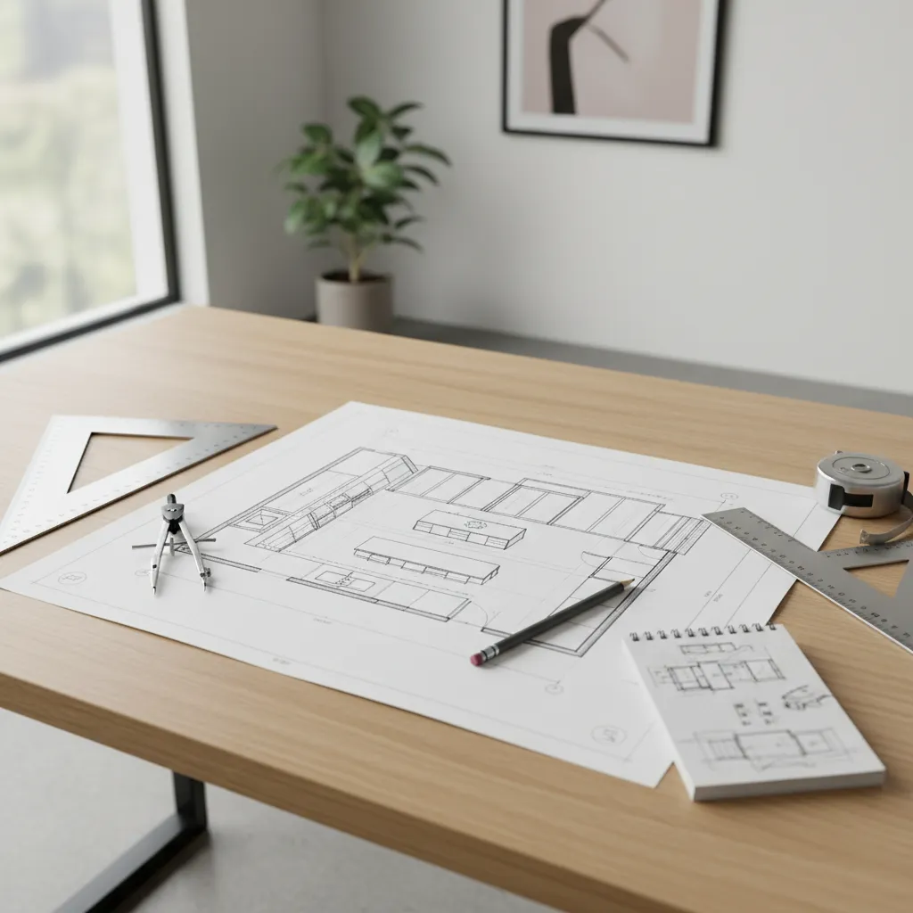 Kitchen room layout drawing on wooden desk with pencil, ruler, compass, and professional measuring tape