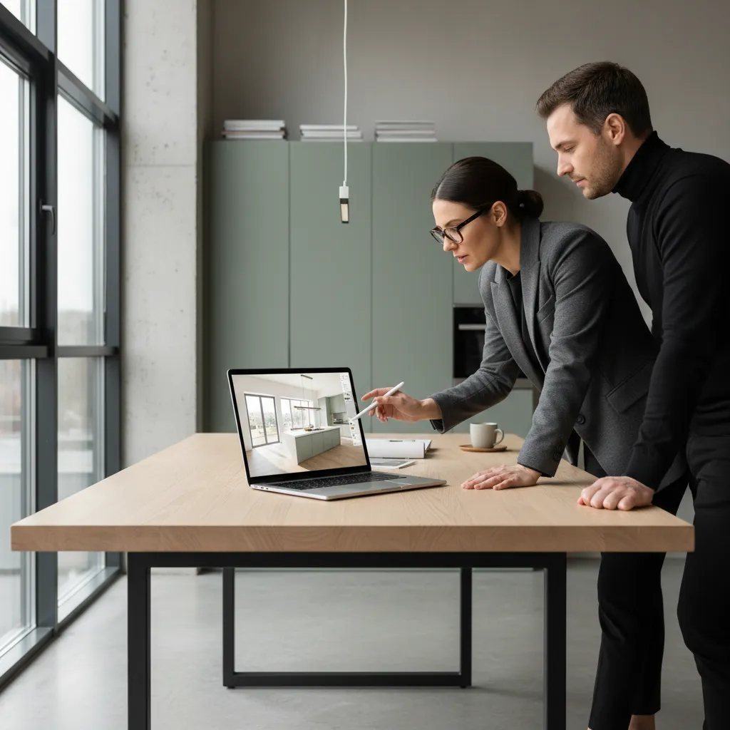 Diseñador revisando la distribución de una cocina moderna en un plano digital