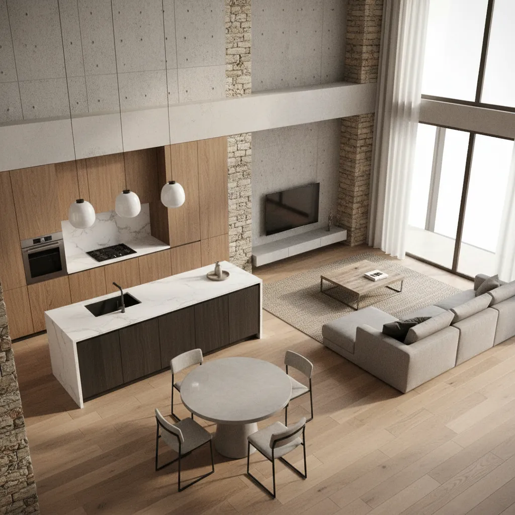 Plano 3D de cocina abierta conectada con el salón