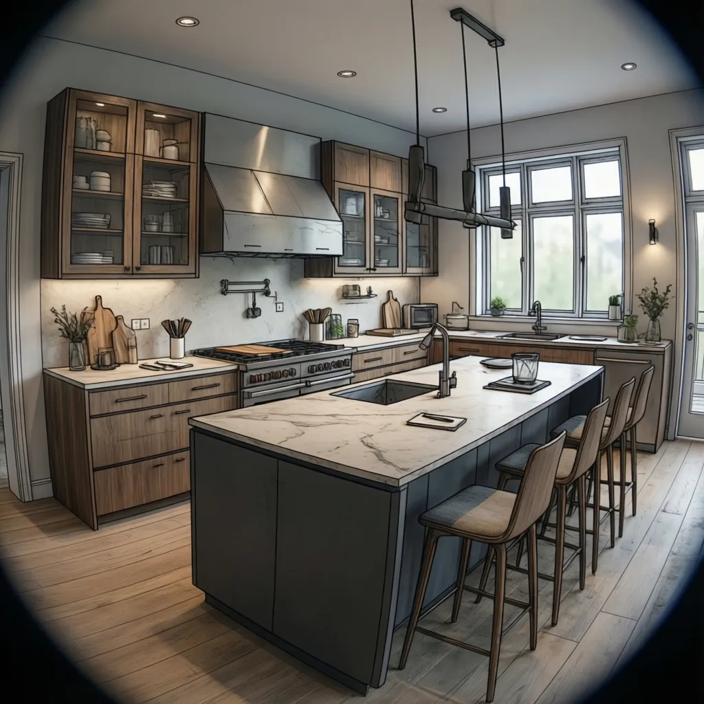 Modern kitchen interior design drawing with wooden cabinets, a marble island, and four tall stools