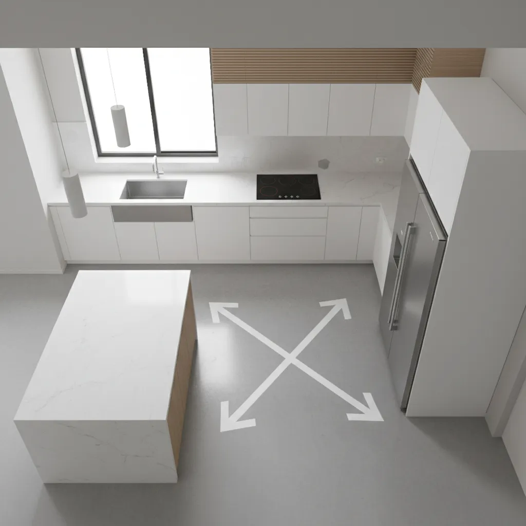 Esquema de distribución de cocina mostrando el triángulo de trabajo