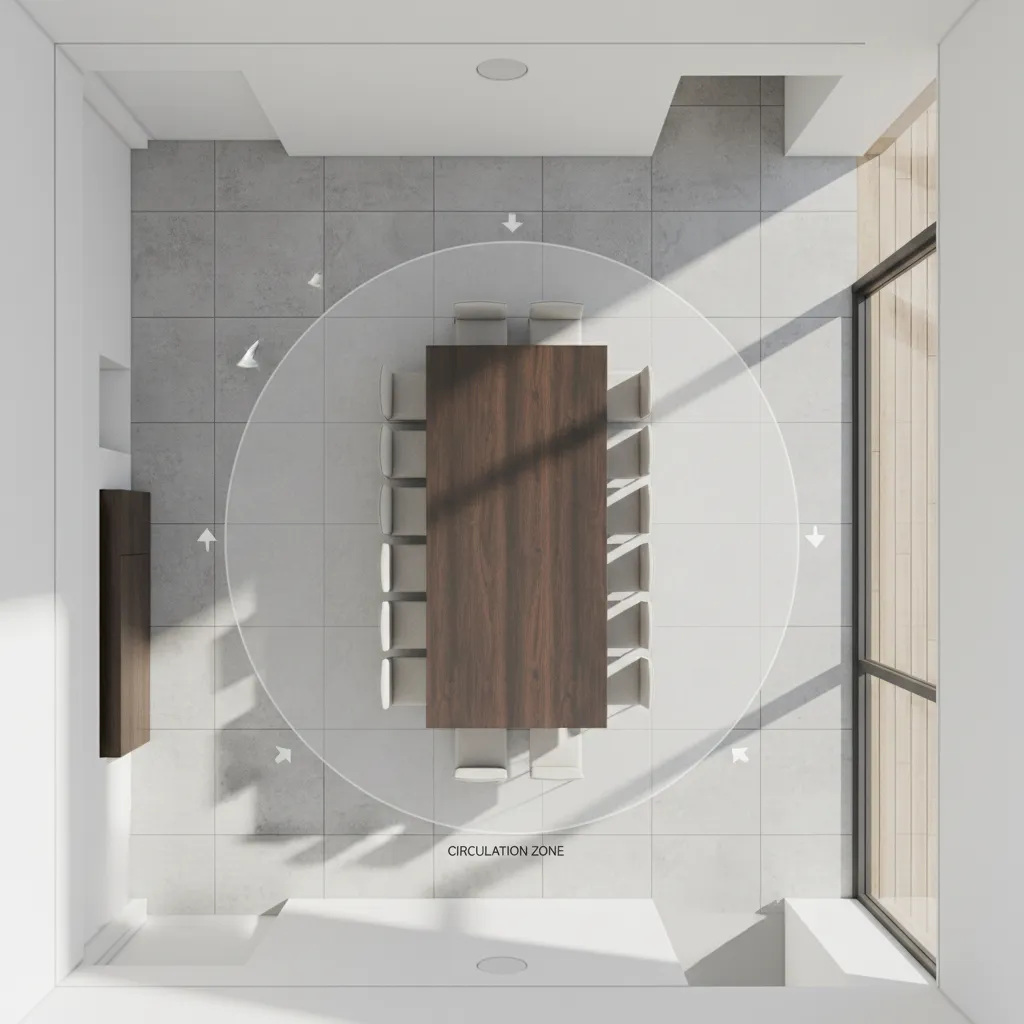 Interior design drawing showing top view of dining room layout with table and circulation zone