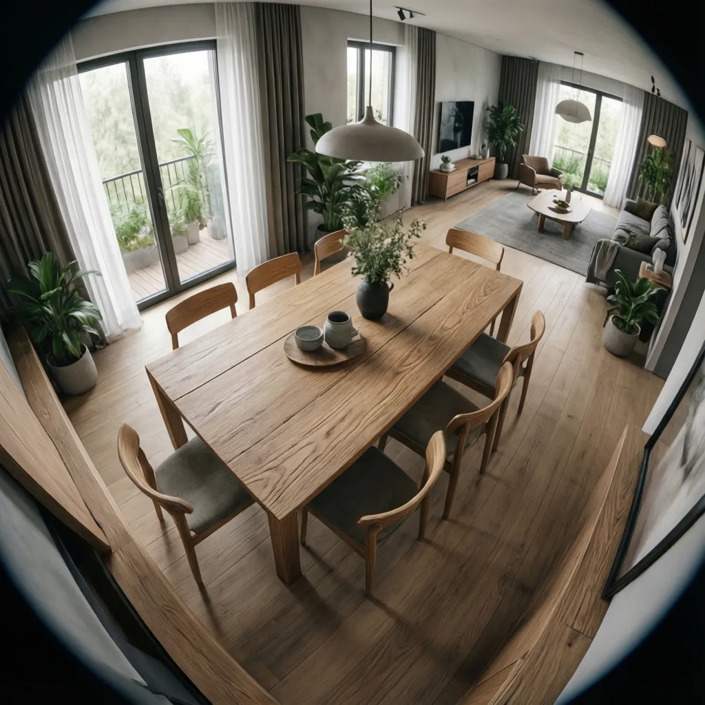 Distribución correcta de mesa de comedor escandinava con espacio de circulación