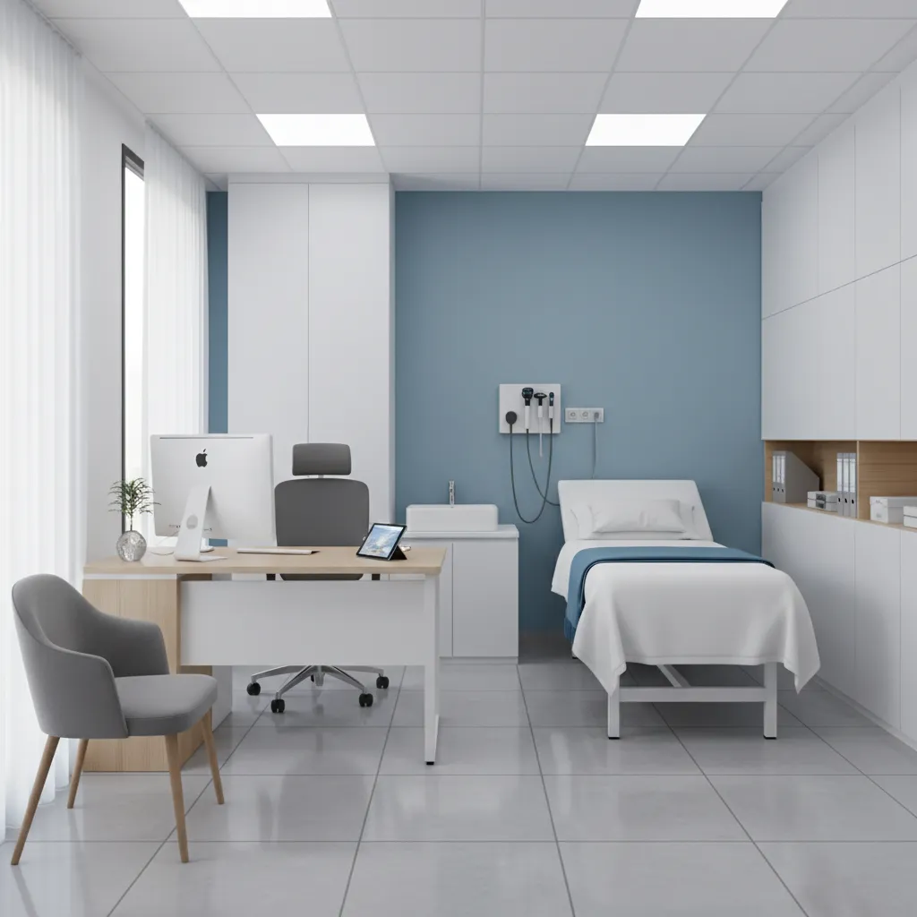 Medical office room layout with blue wall, white desk, computer, grey chair, and examination bed
