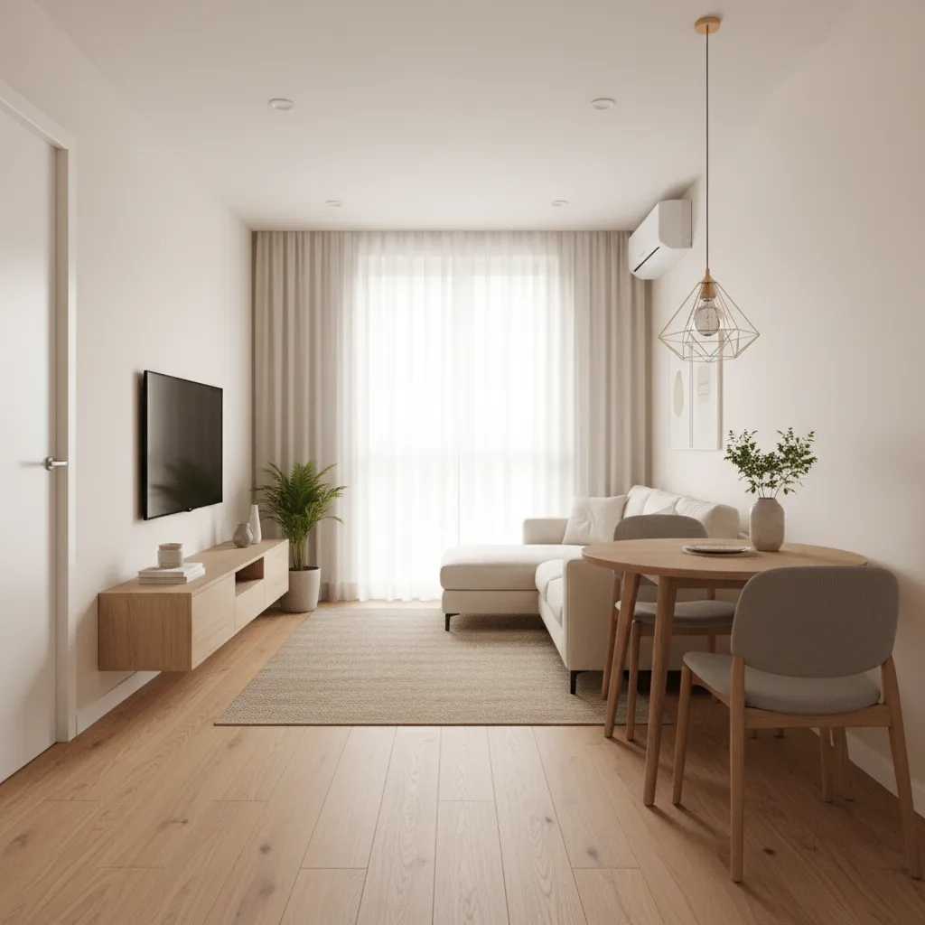 Small living room with cream sofa round dining table wooden floor and large bright curtains
