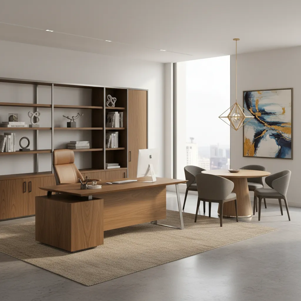 Distribución funcional de un despacho ejecutivo con zona de trabajo y reunión