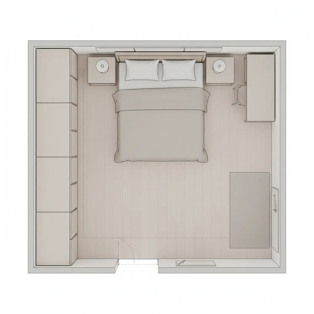 Plano digital de distribución de muebles en un dormitorio