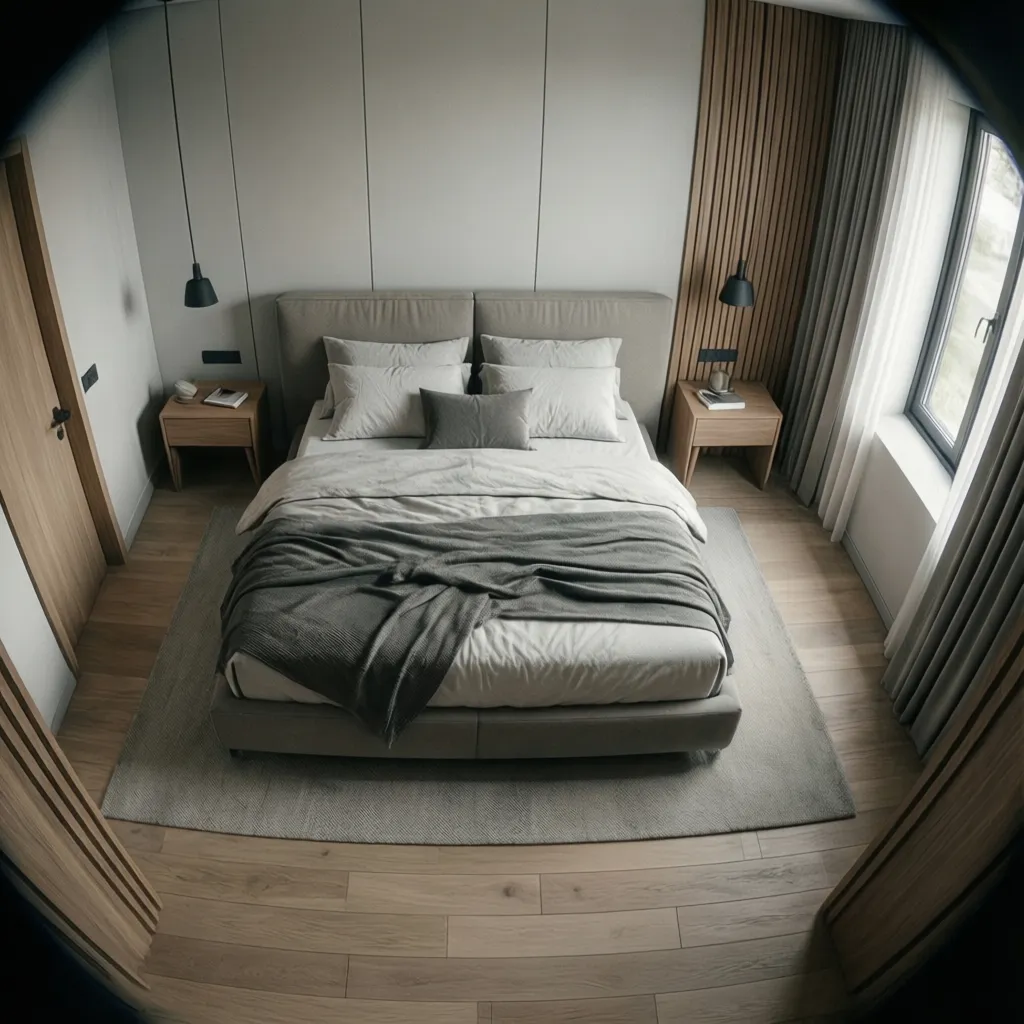Modern bedroom with grey bed wooden nightstands black hanging lights rug and a large window
