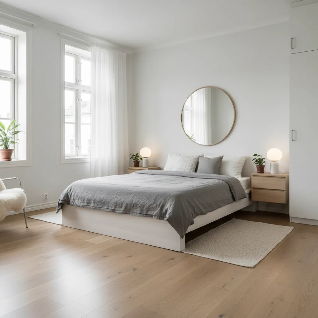 Dormitorio pequeño blanco con muebles ligeros y mesillas flotantes