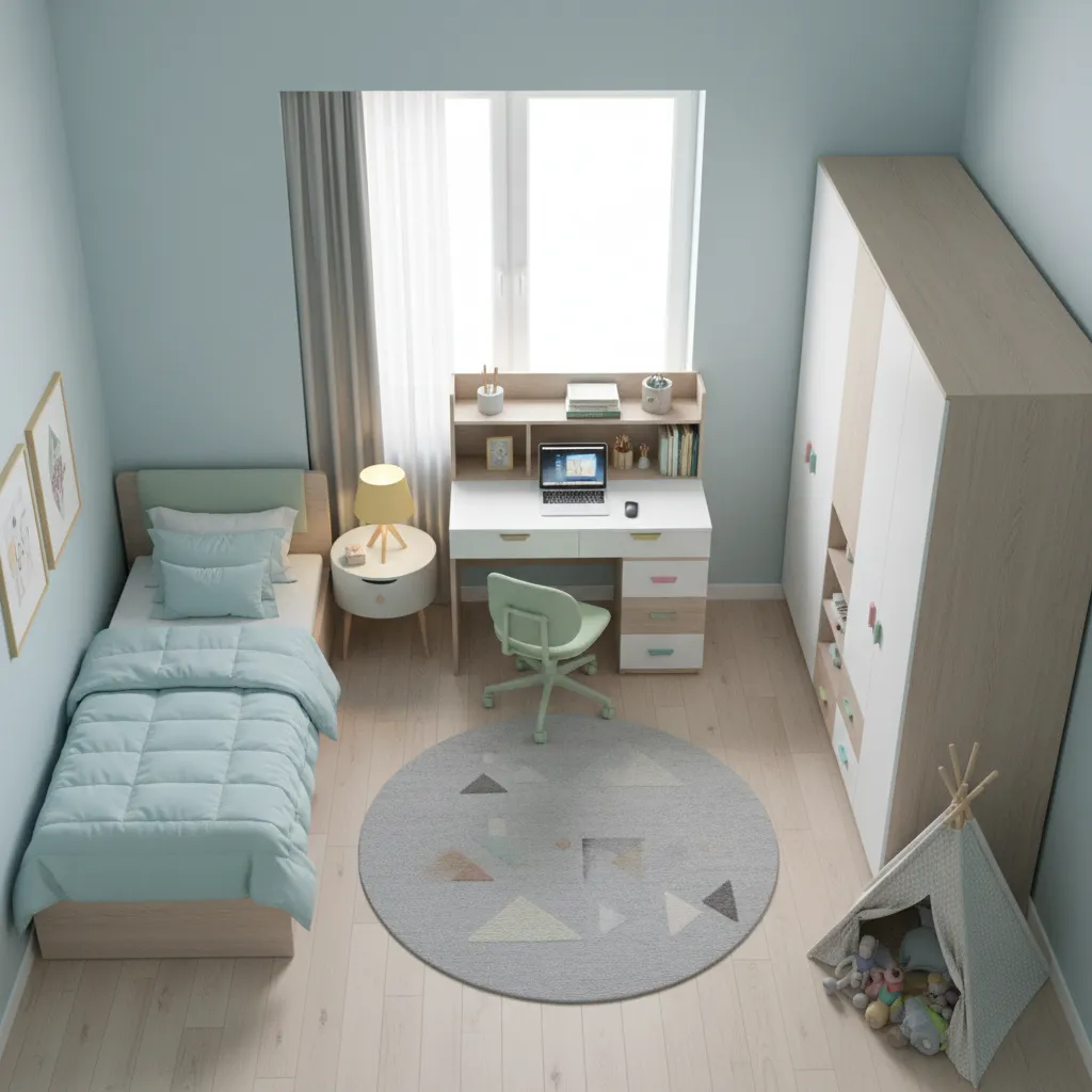 Light blue kids bedroom with single bed, white study desk, white cabinet and play tent