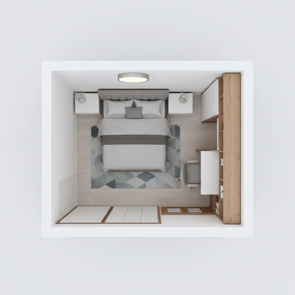 Top down room layout of a bedroom with bed rug desk chair and wooden cabinets