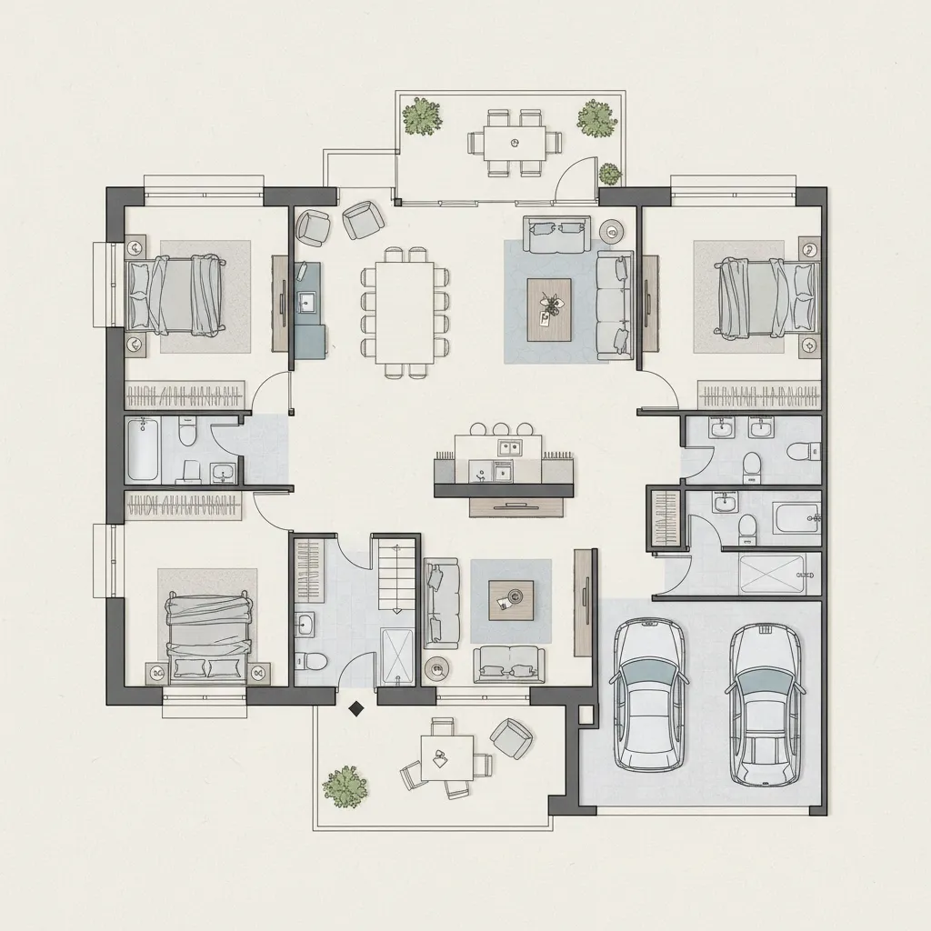 Detailed interior design drawing of a three bedroom house with a garage and outdoor terrace
