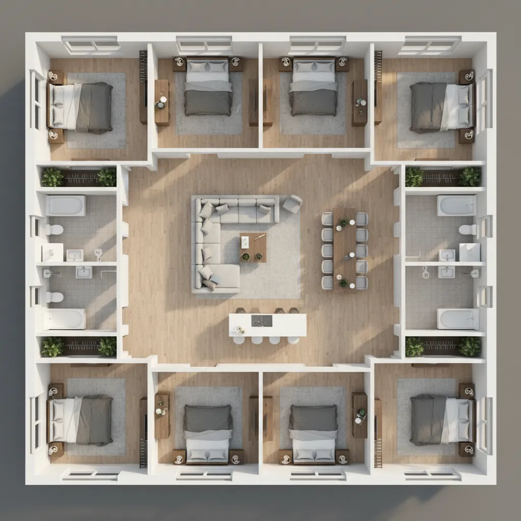 Plano interior mostrando varias habitaciones organizadas alrededor de un espacio central