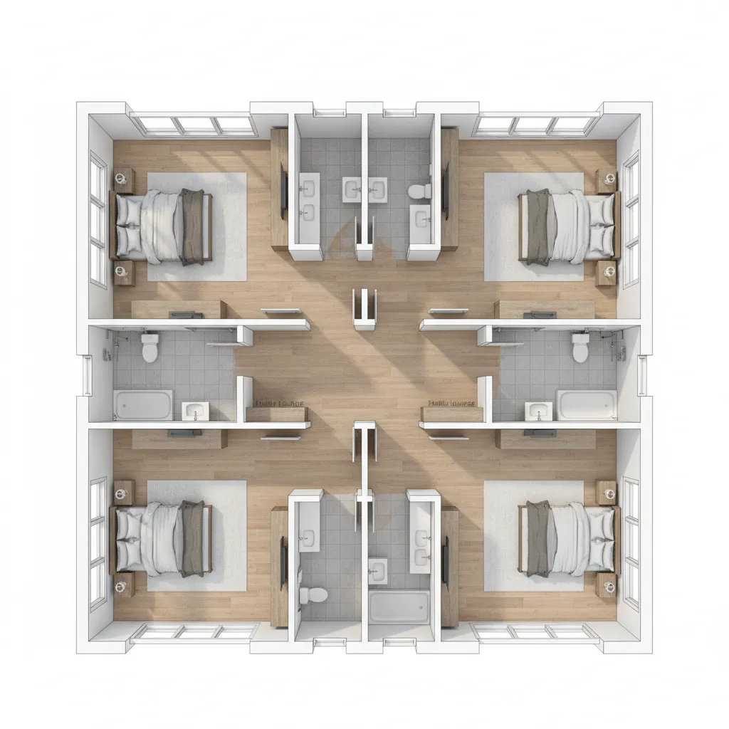 Distribución de dormitorios en una segunda planta residencial