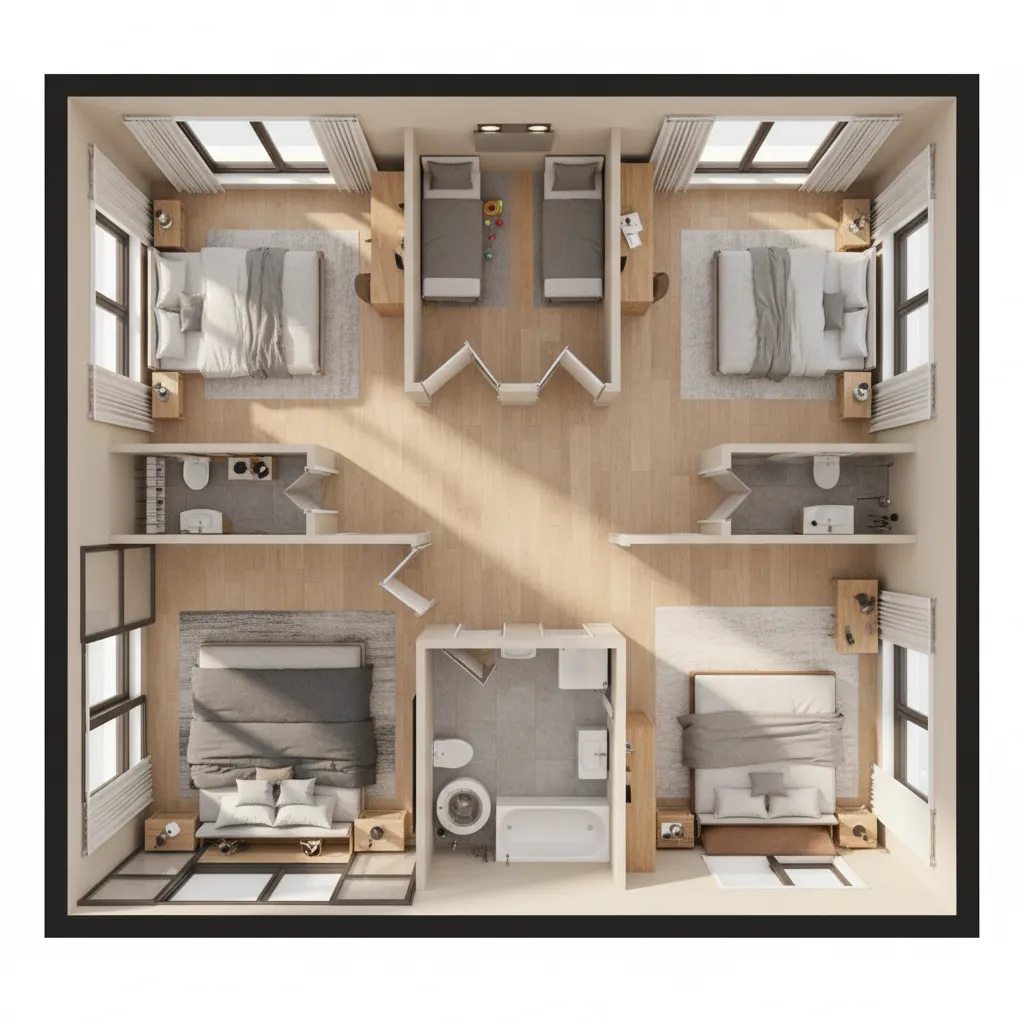 Distribución de dormitorios en la planta superior de una casa
