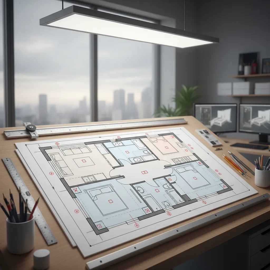 Plano arquitectónico con ubicación de enchufes e interruptores