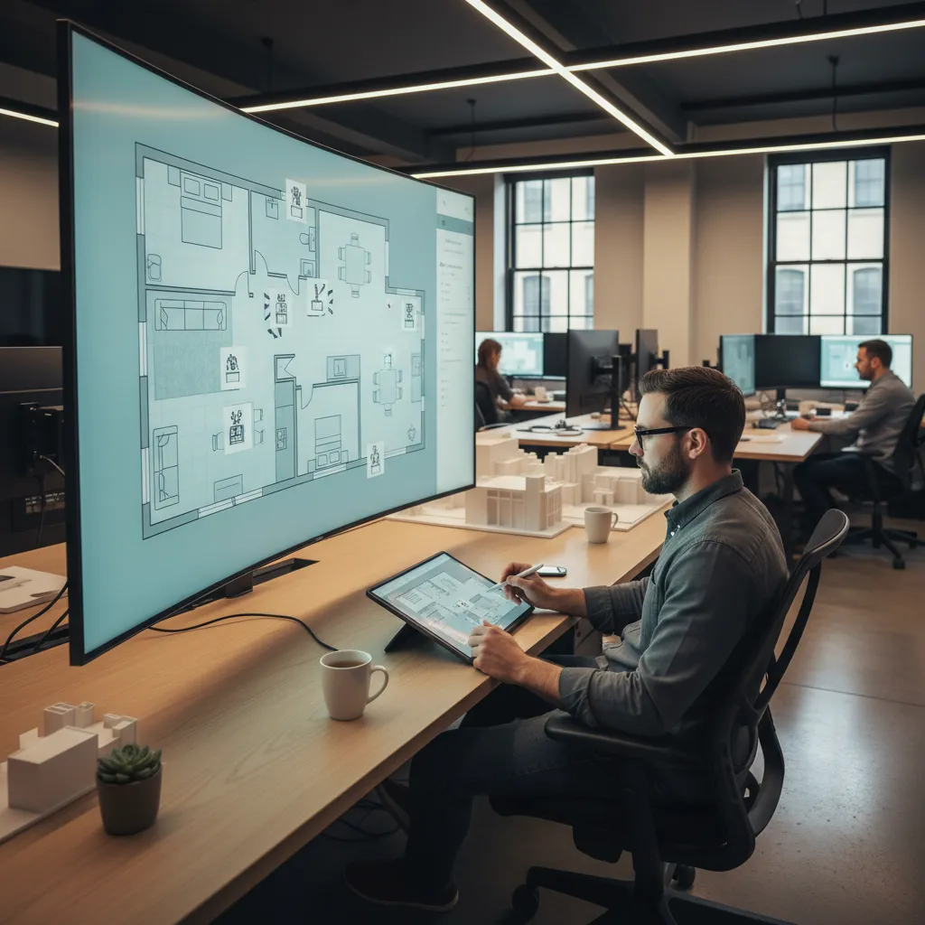 Diseñador trabajando en distribución de mobiliario en plano digital