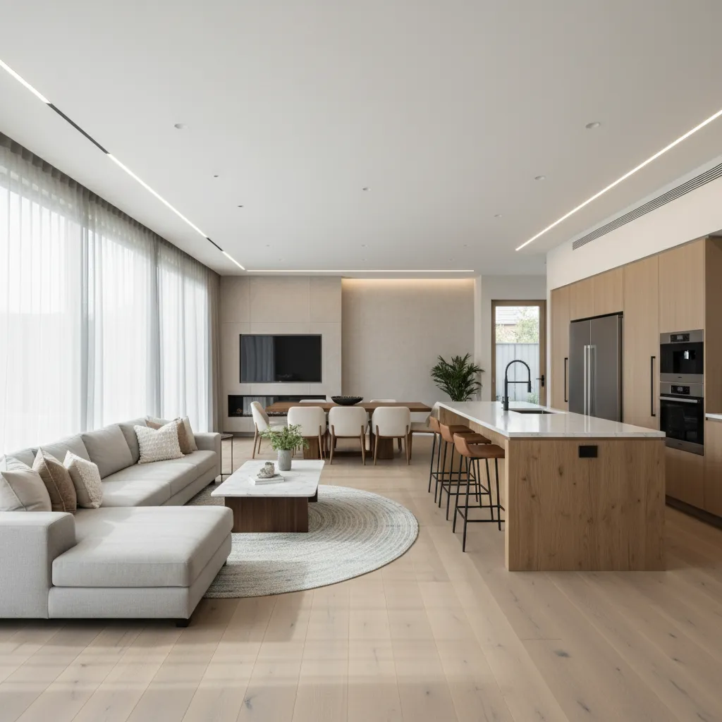 Plano interior abierto con salón y cocina integrados