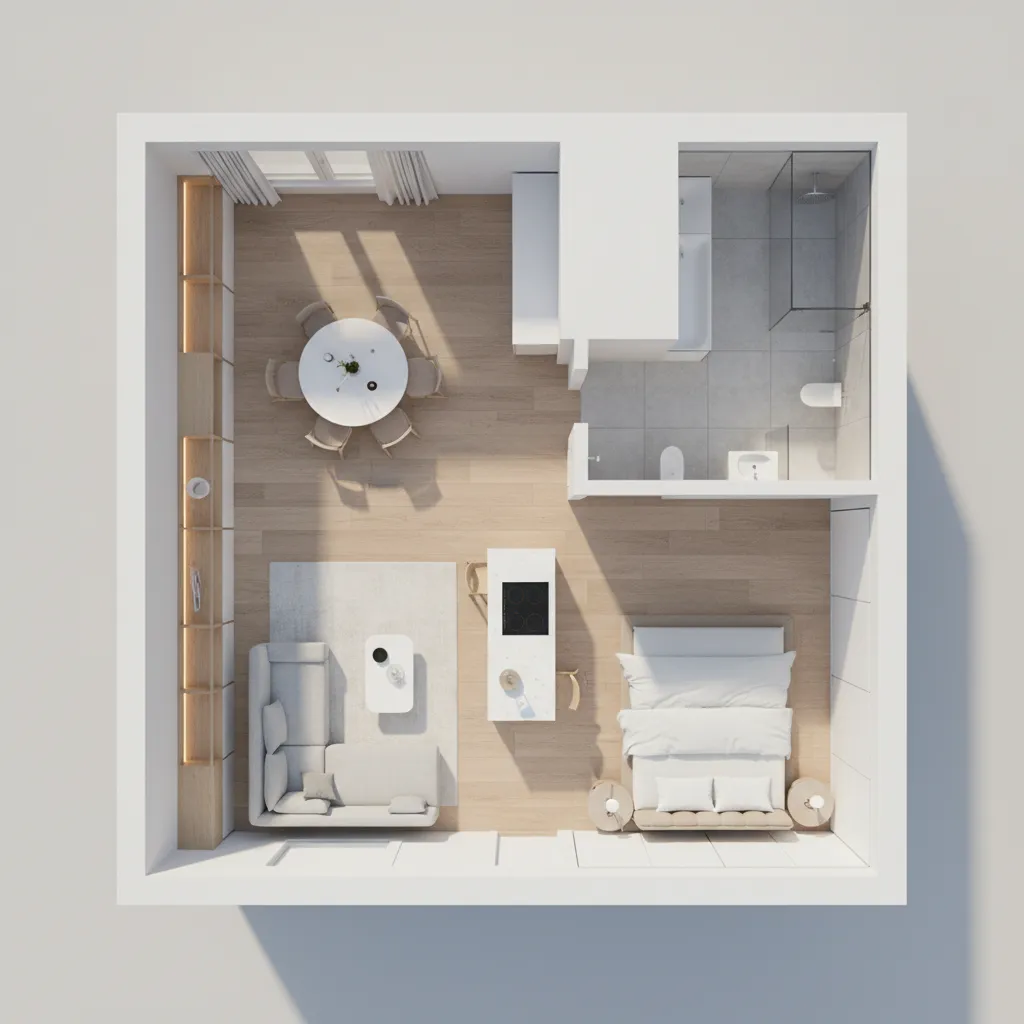 Plano 3D de distribución de un apartamento moderno