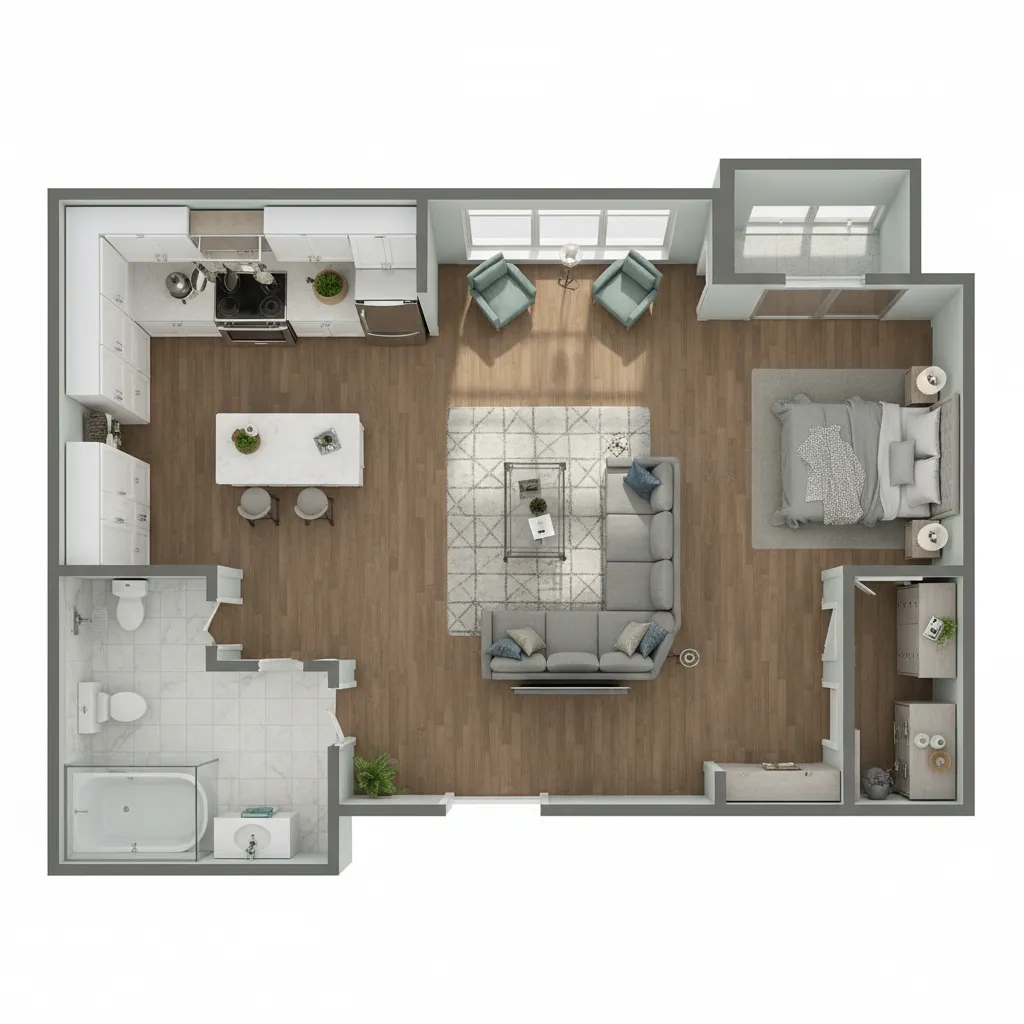 Plano de distribución de apartamento con zonas de cocina, salón y dormitorio