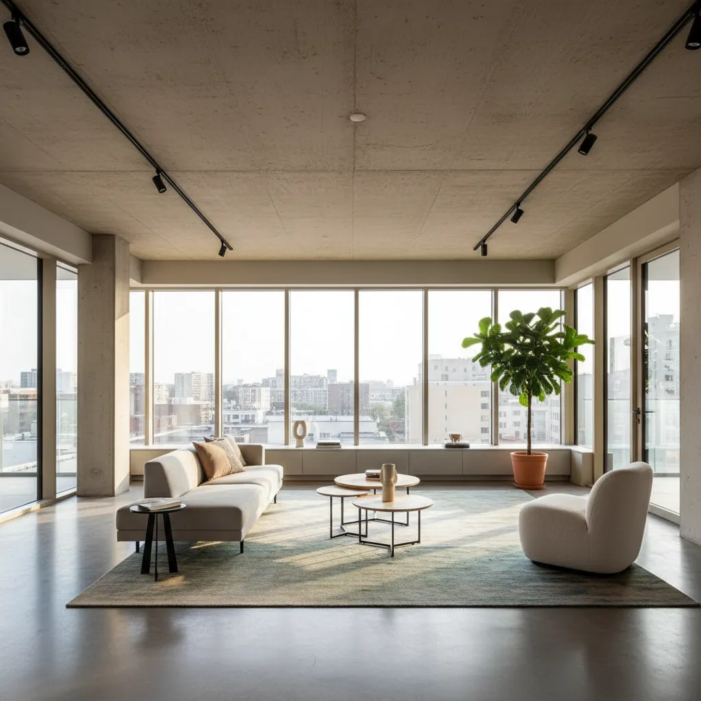 Plano abierto de salón con distribución amplia y circulación clara