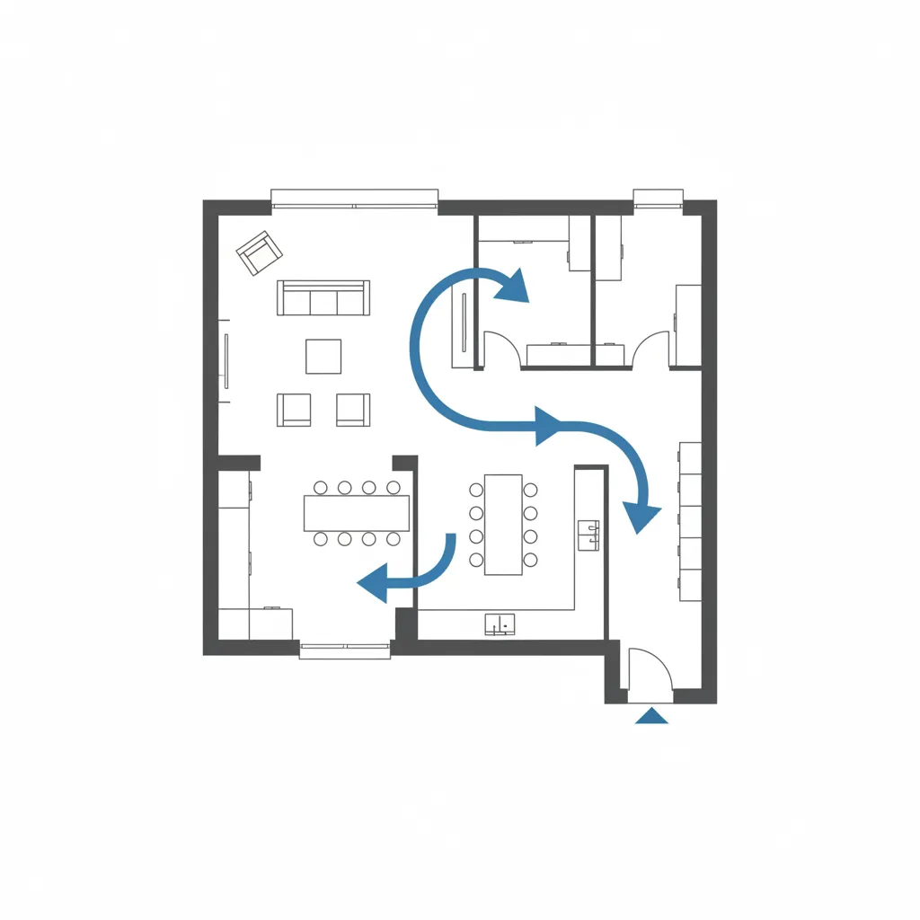 Plano de distribución de vivienda mostrando circulación entre espacios
