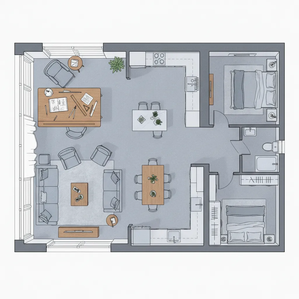 Plano arquitectónico con distribución de muebles en un proyecto de interiorismo