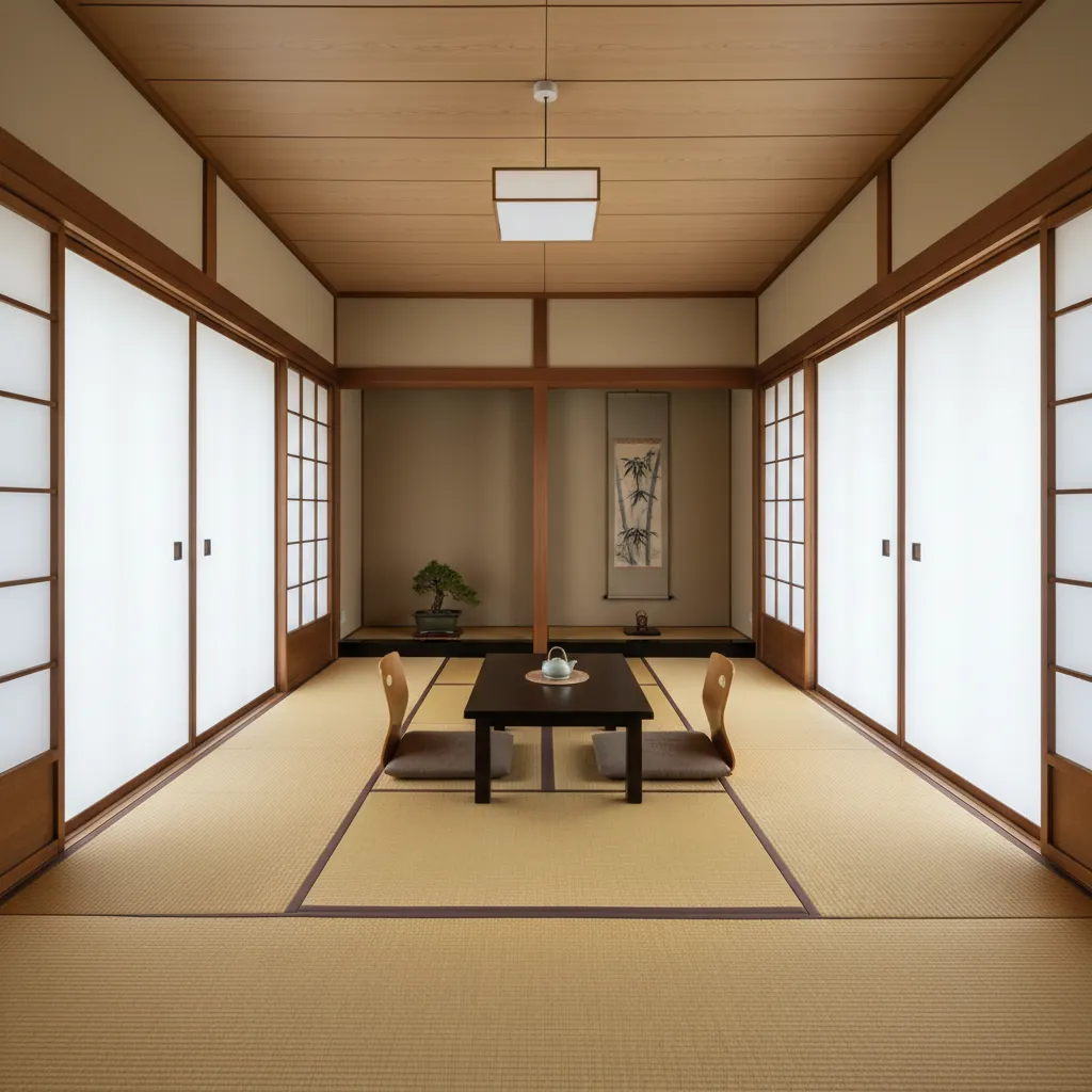 Espacio interior abierto con distribución minimalista oriental