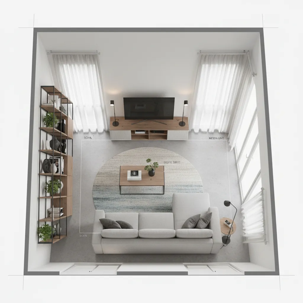 Top down interior design drawing of living room with sofa rug coffee table and television