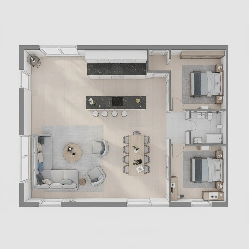 Plano de distribución de un apartamento con zonas funcionales bien definidas