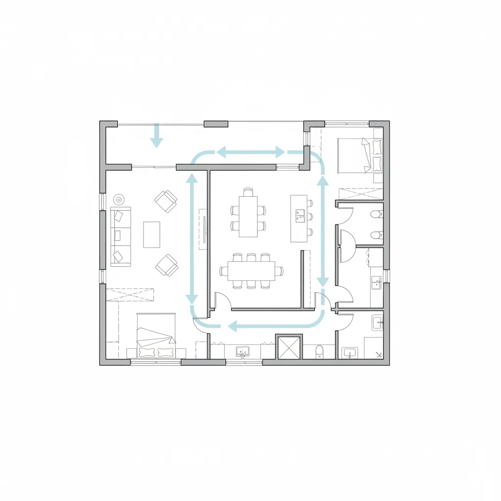 Floor plan with blue arrows showing room layout and movement through living and dining areas.