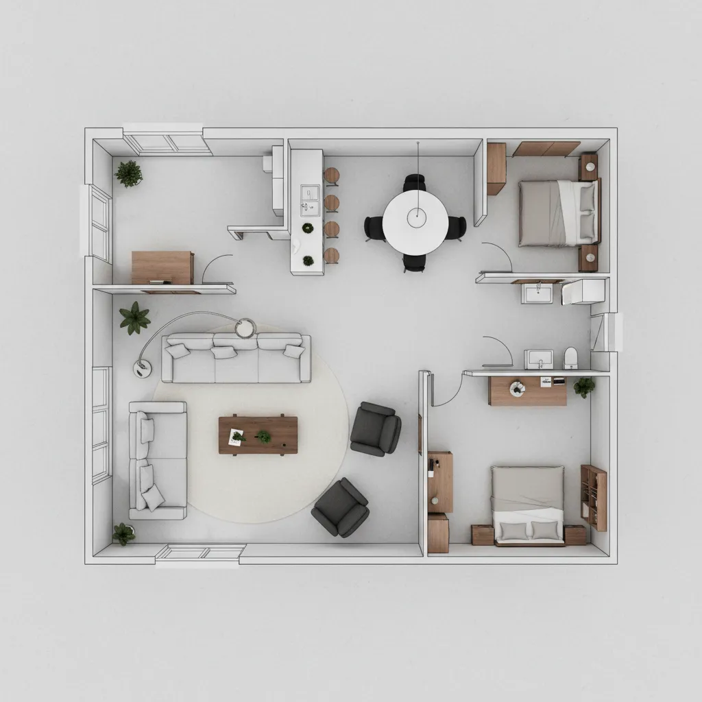plano de distribución de muebles en un departamento pequeño