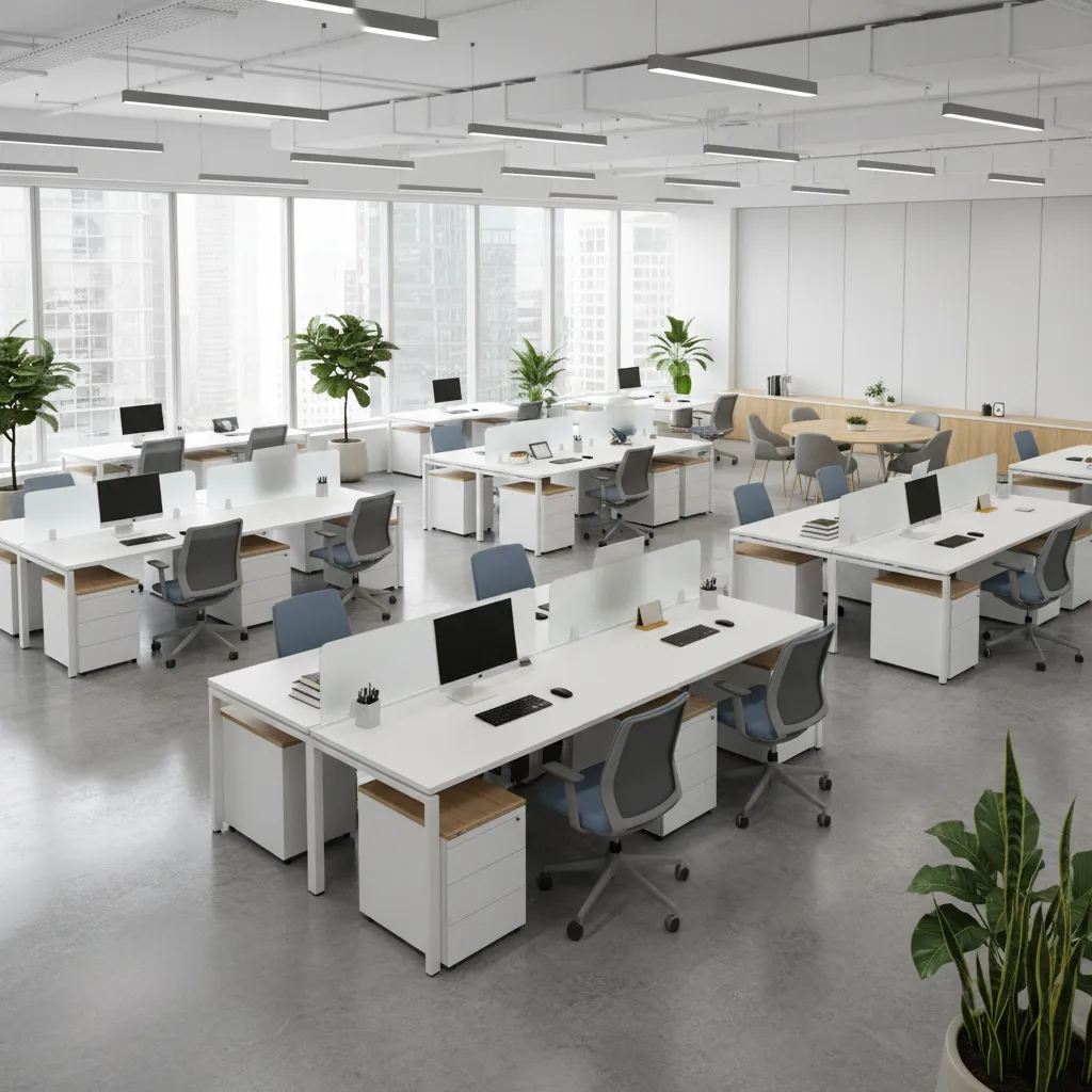 Modern open office with white desks grey chairs green plants and natural light from windows
