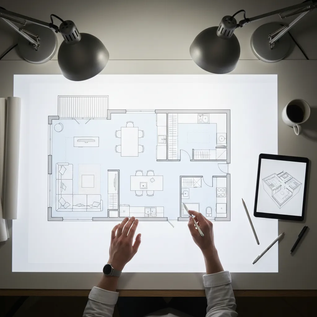 Plano de distribución de vivienda con zonas marcadas para salón comedor y cocina