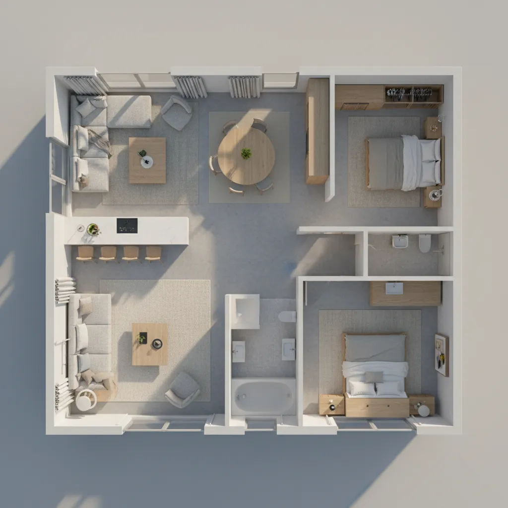 Interior design drawing showing top view of two bedrooms living room kitchen dining and bathrooms