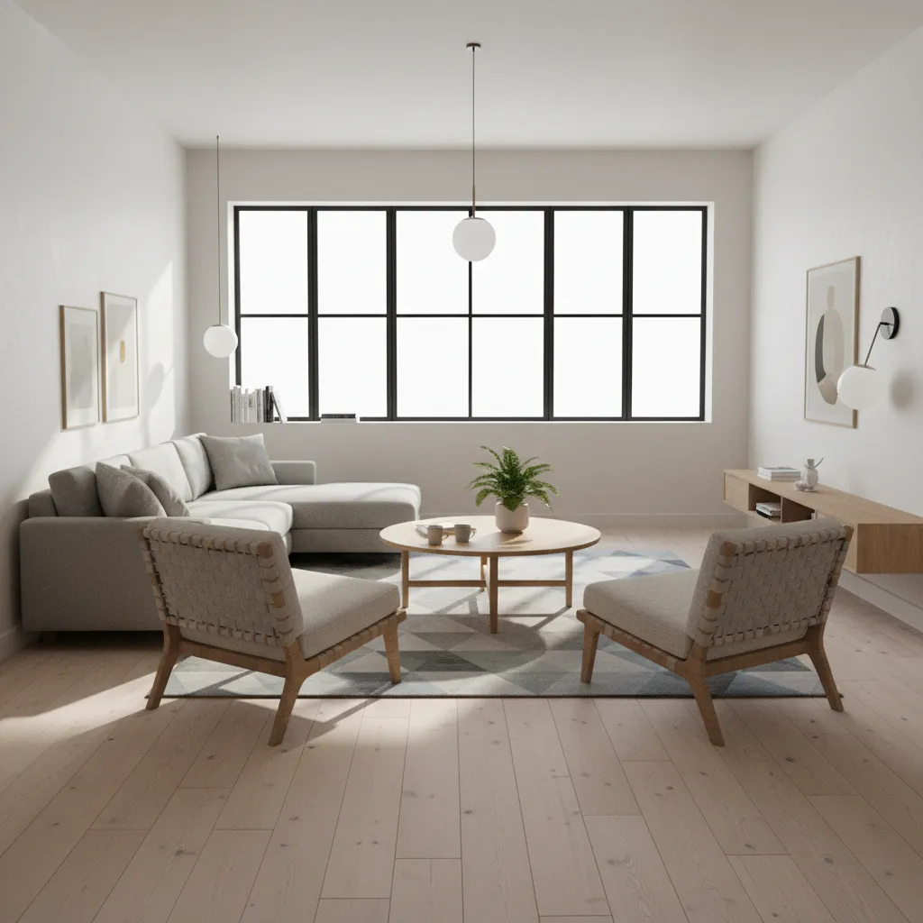 Bright living room with grey sofa two armchairs round coffee table large windows wood floor