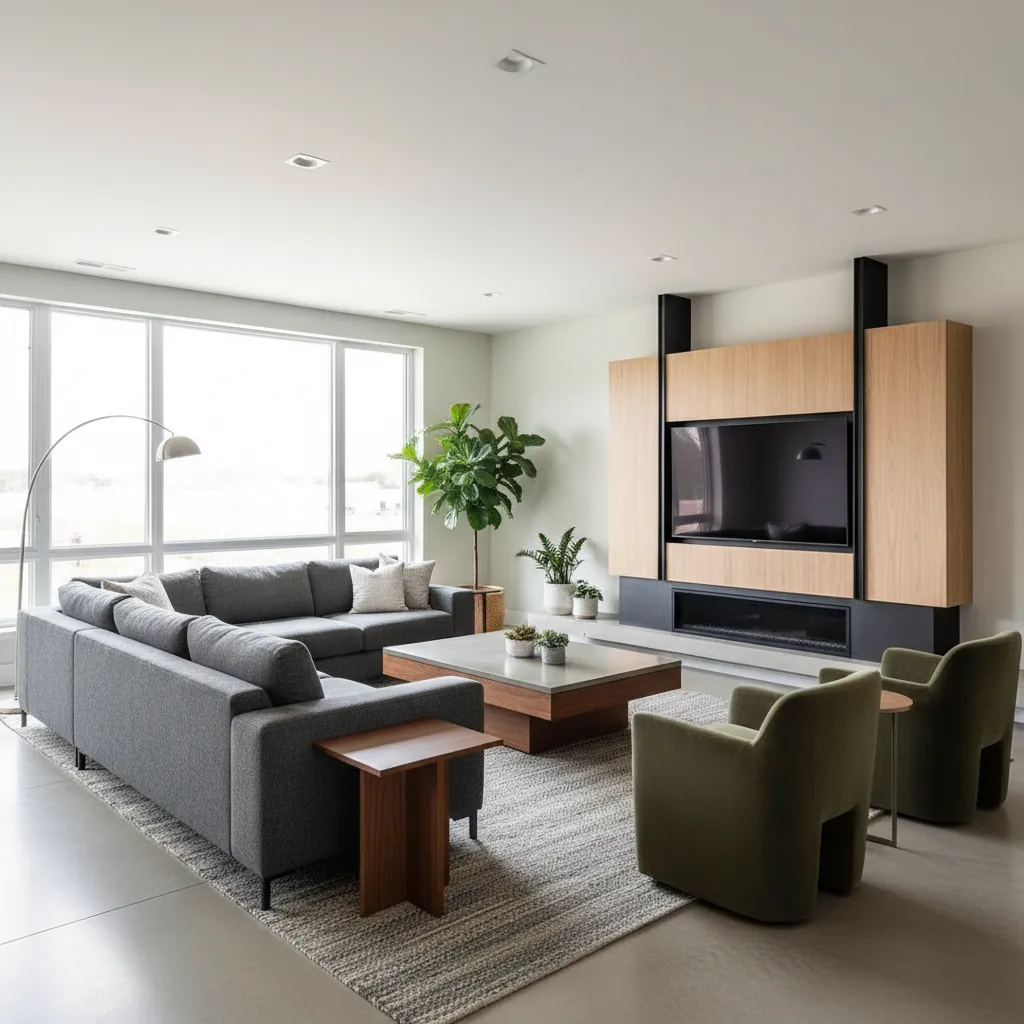 Modern living room with grey sofa green chairs wood wall cabinet and large bright windows
