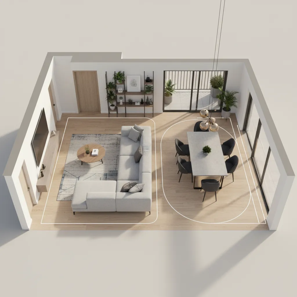 Coohom interior design drawing showing living room and dining area with sofa and dining table