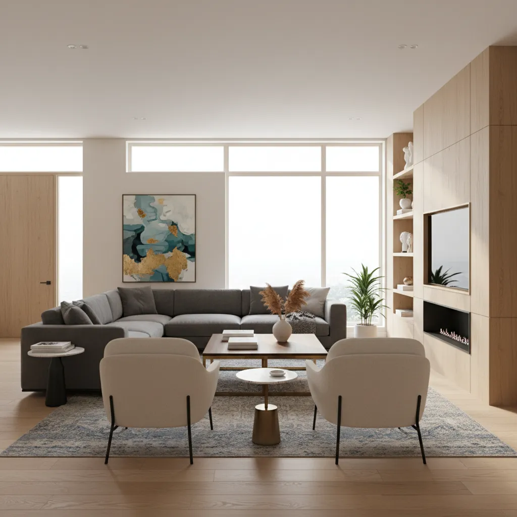 Modern living room with grey sofa white chairs wood floor large windows and wall panel