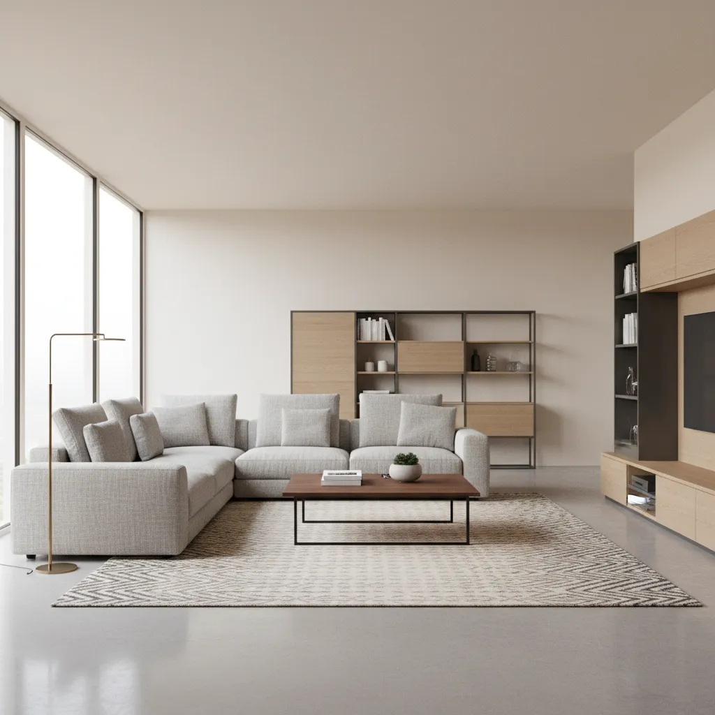 visualización 3D de la distribución de un salón moderno con sofá y mesa central