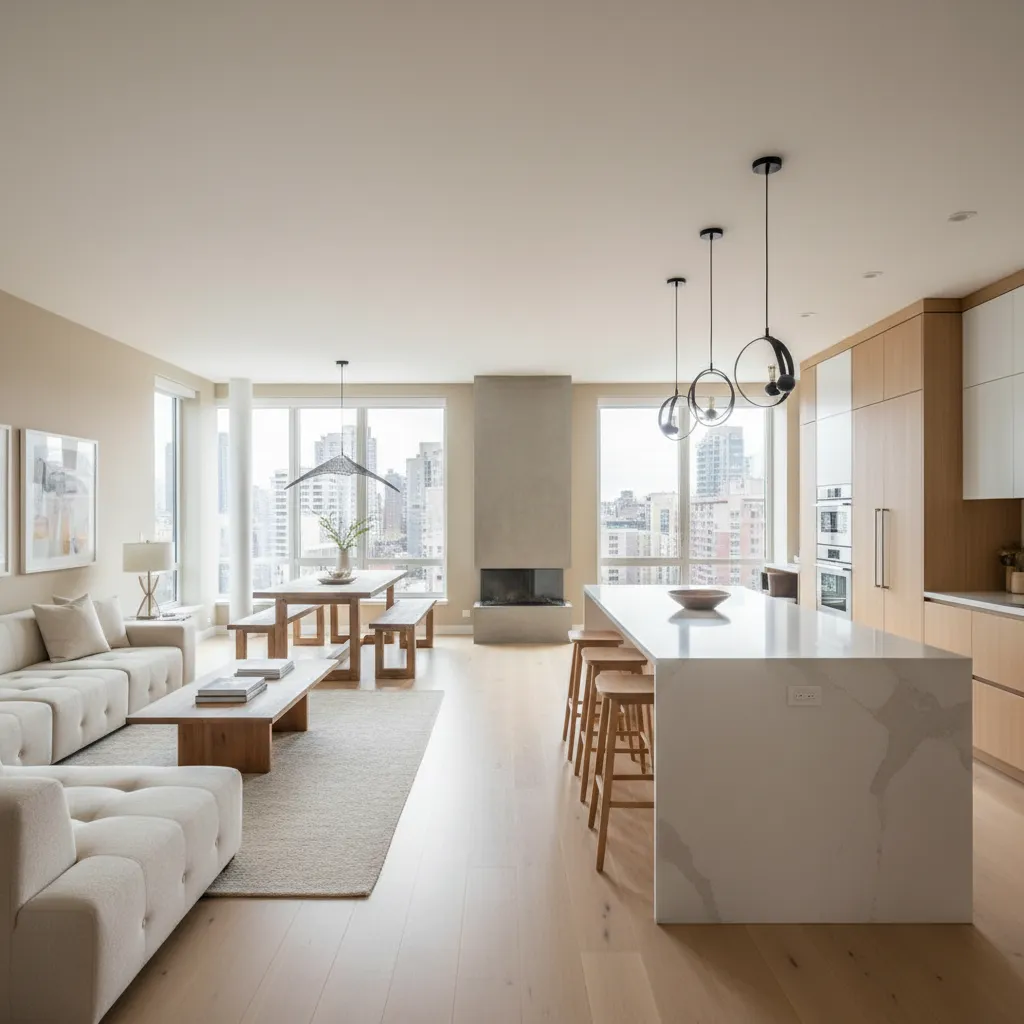 Bright open plan living area with white sofa, marble island, wooden stools, and city windows