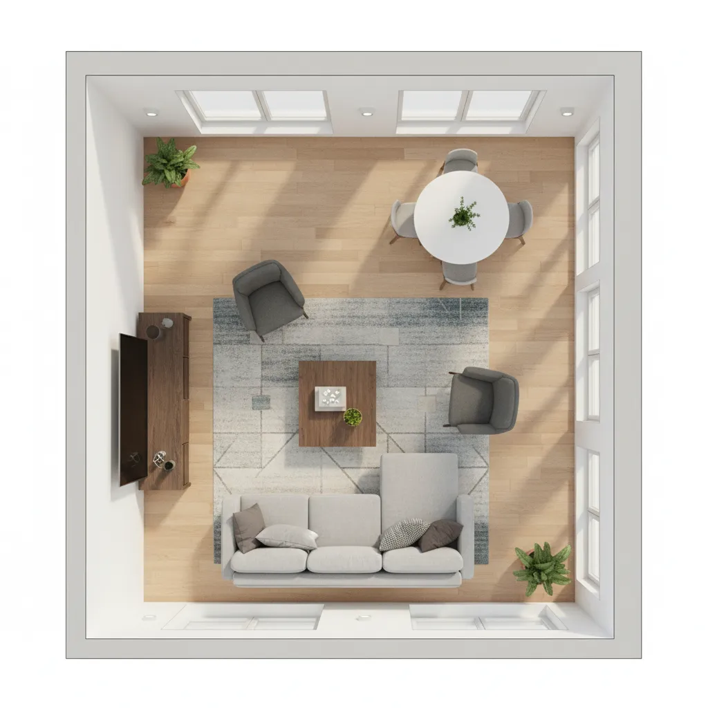 Plano de distribución de salón con zonas funcionales marcadas