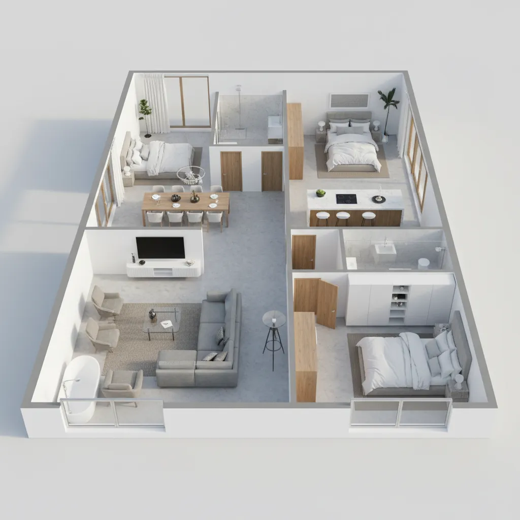 Three bedroom interior design drawing showing living room kitchen dining area and modern furniture layout