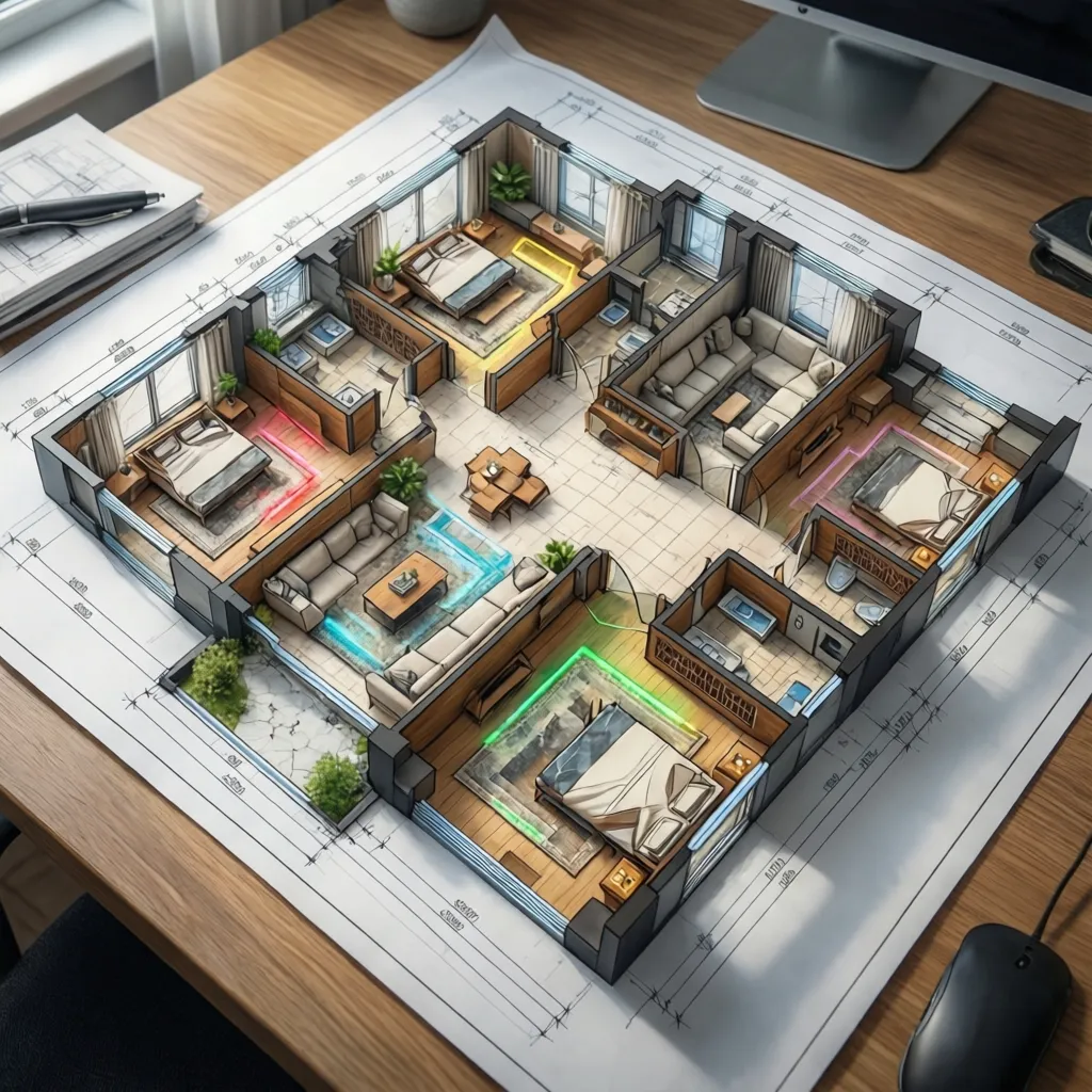 Plano de distribución de una vivienda con diferentes zonas marcadas