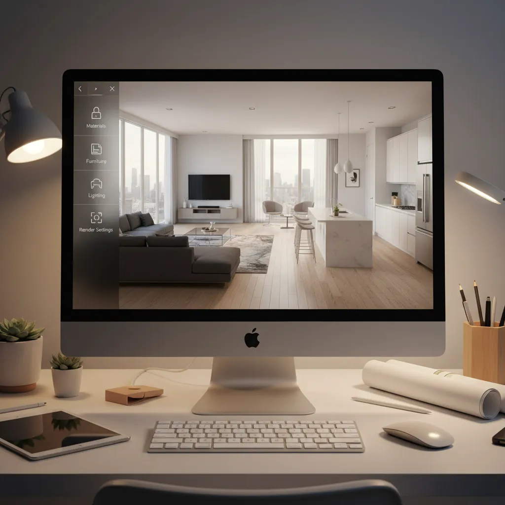 Pantalla mostrando un plano 3D de un apartamento en proceso de diseño