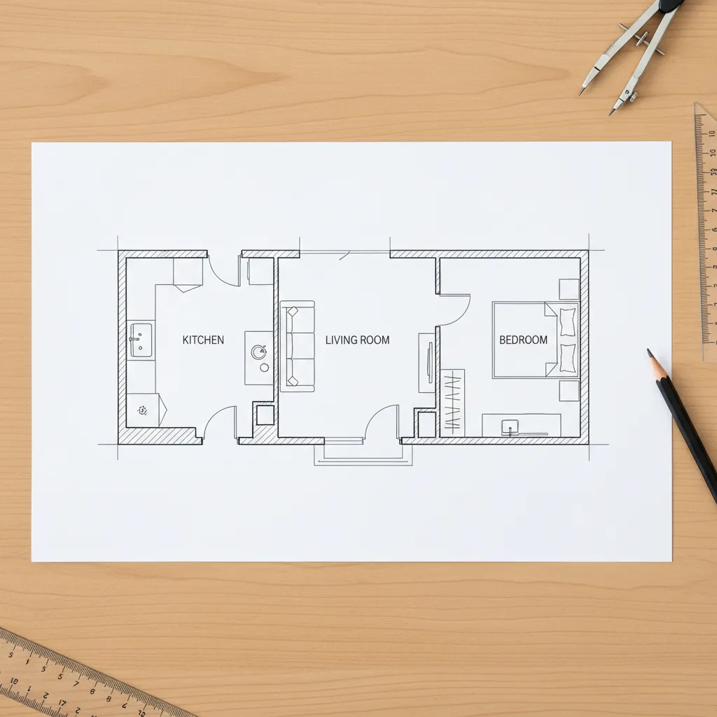 Plano de distribución de un apartamento con zonas marcadas para cocina, salón y dormitorio